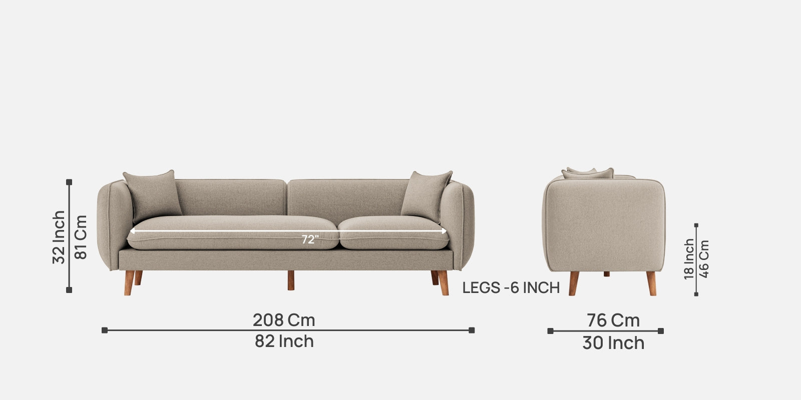 Reva Fabric 3 Seater Sofa In Khaki Beige Colour