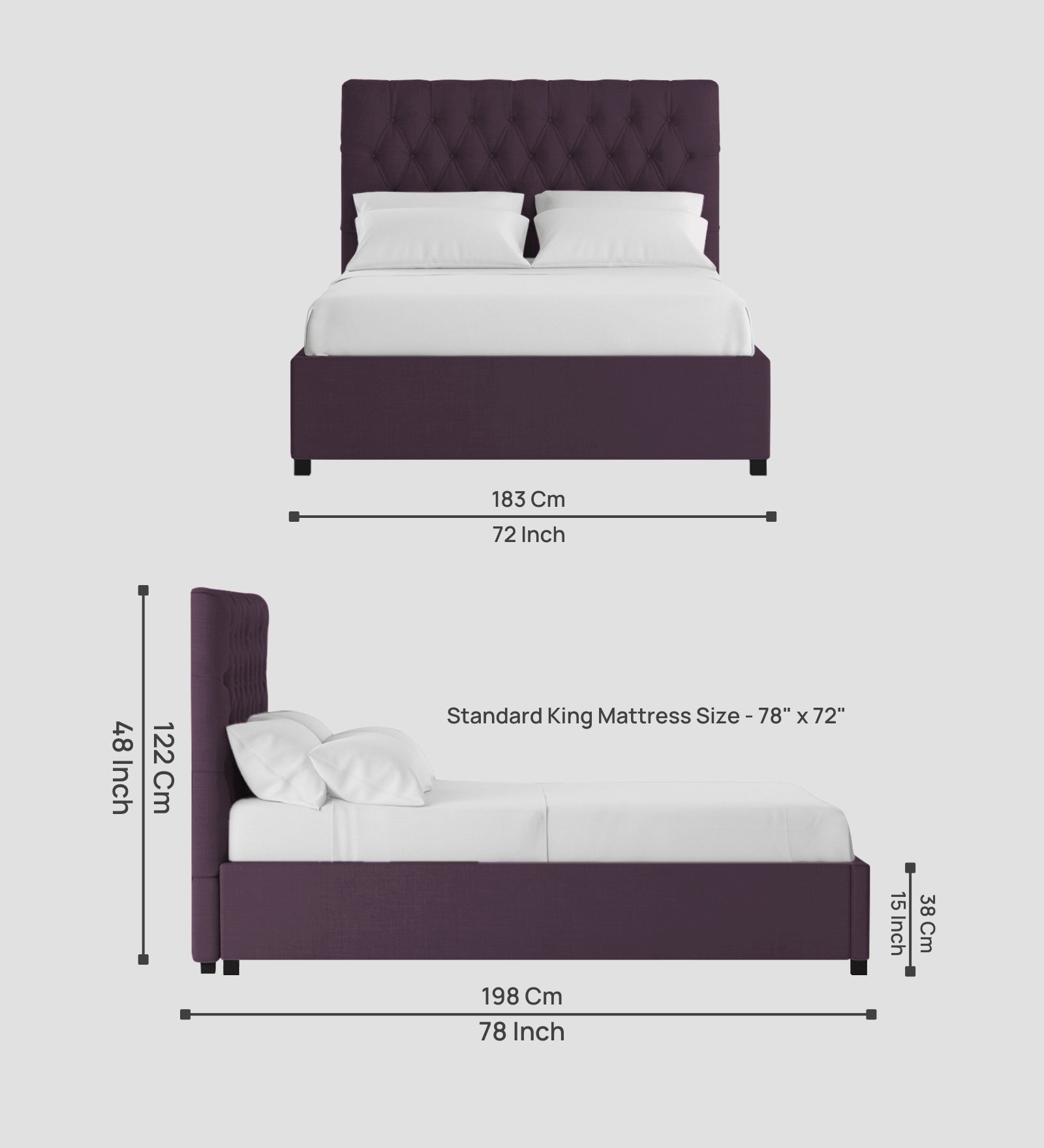 Isko Fabric King Size Bed In Greek Purple Colour With Storage Box - Febonic Living