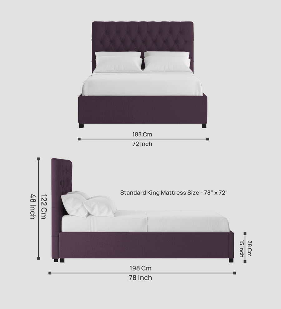 Isko Fabric Upholstered King Size Bed In Greek Purple Colour With Box Storage - Febonic Living