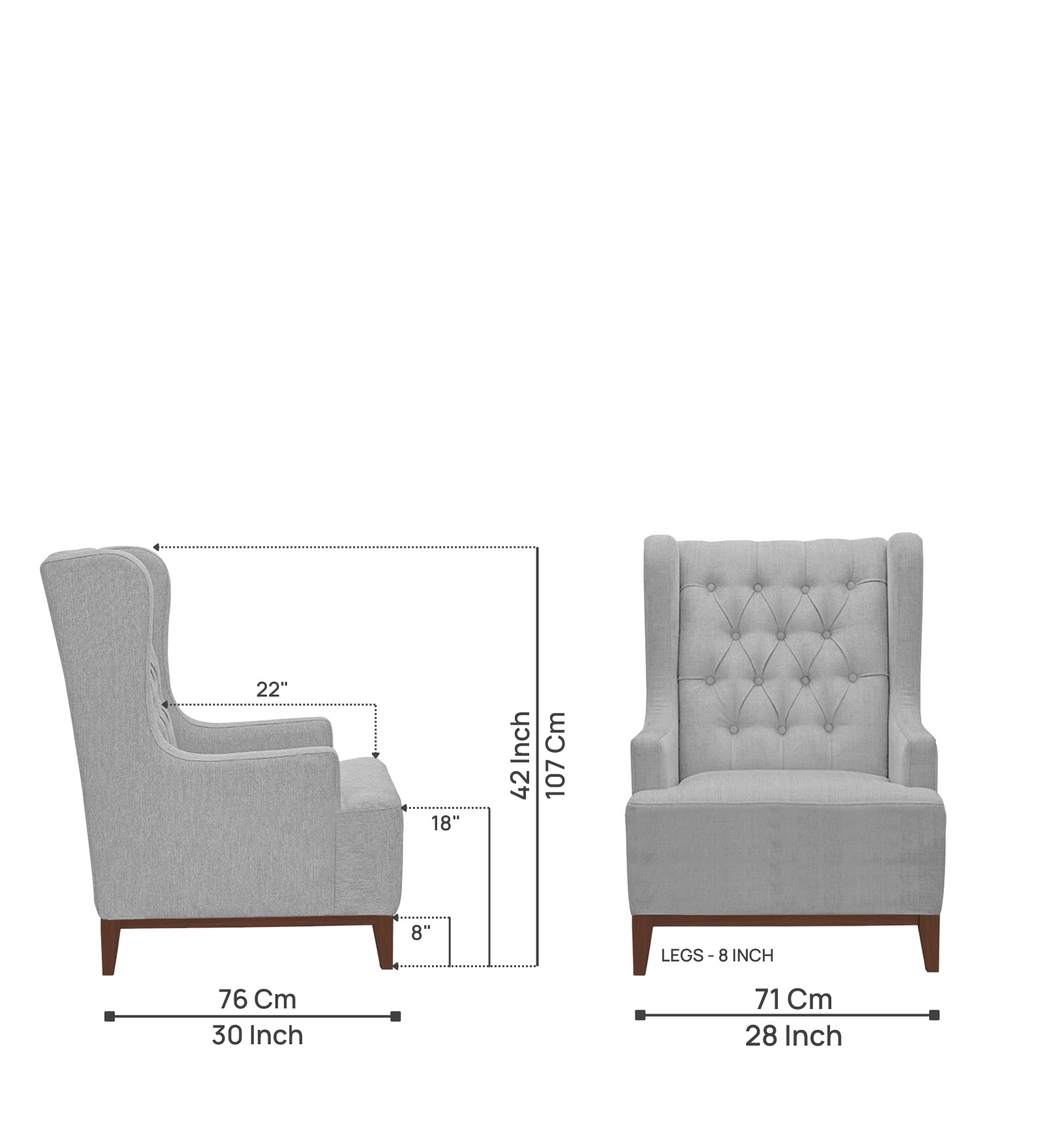 Kuchi Fabric 1 Seater Wing Chair Sofa in Lit Grey Colour