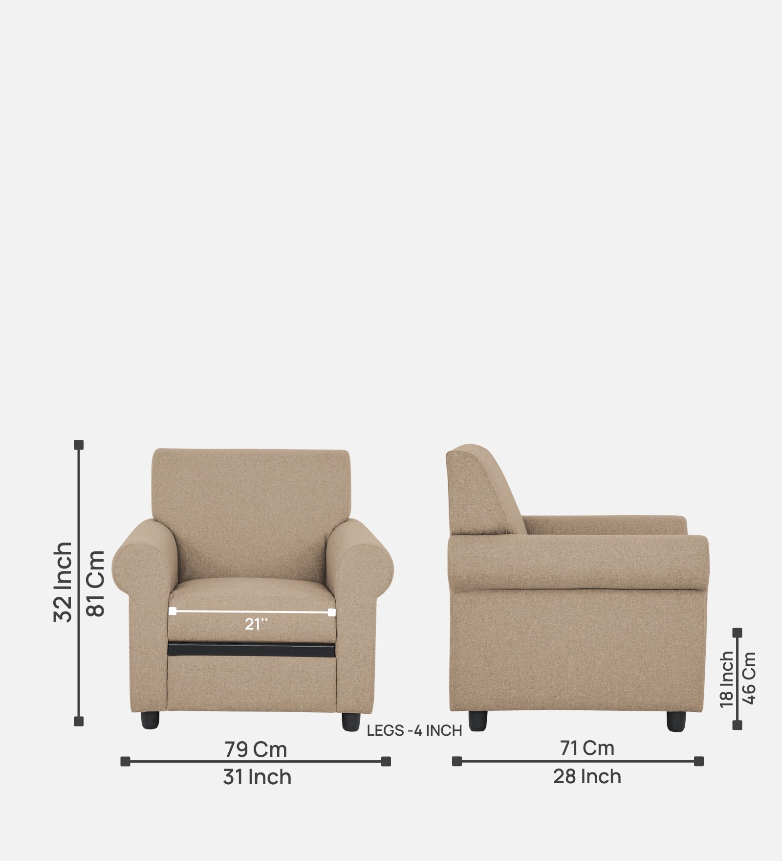 Ribby Fabric 1 Seater Sofa in Olive Beige Colour