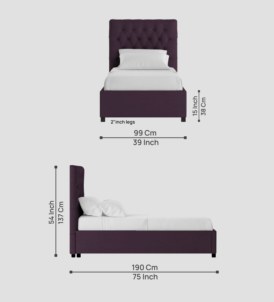 Isko Fabric Upholstered Single Size Bed In Greek Purple Colour With Box Storage - Febonic Living