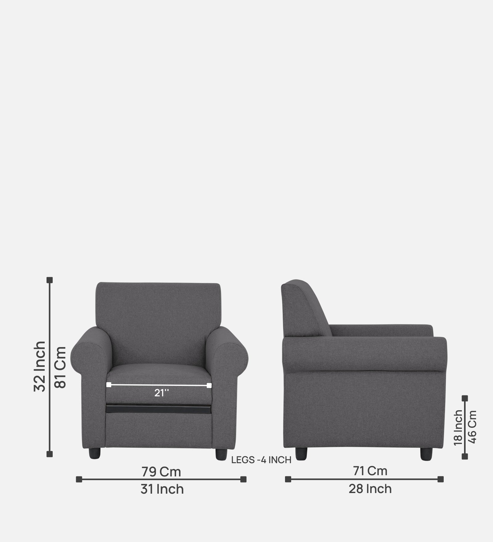 Ribby Fabric 1 Seater Sofa in Sudo Grey Colour