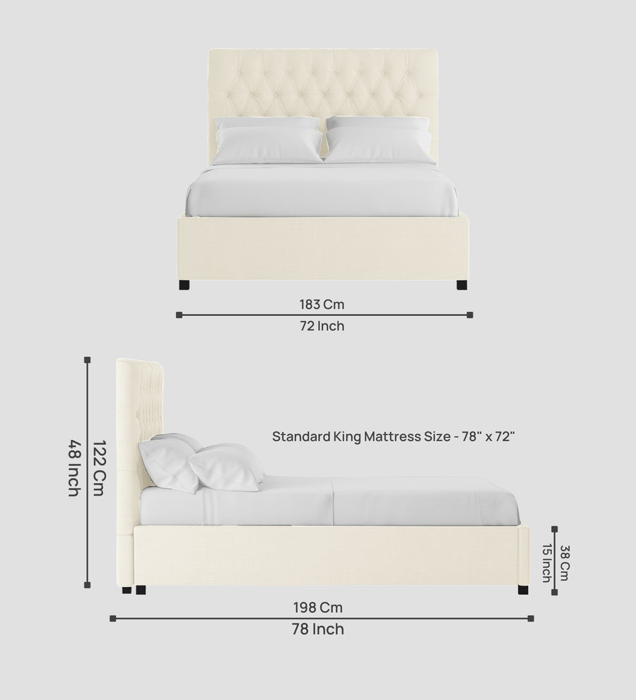 Isko Fabric Upholstered King Size Bed In Ivory Cream Colour With Box Storage - Febonic Living