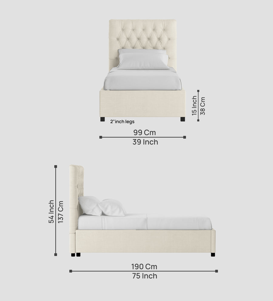 Isko Fabric Upholstered Single Size Bed In Ivory Cream Colour With Box Storage - Febonic Living