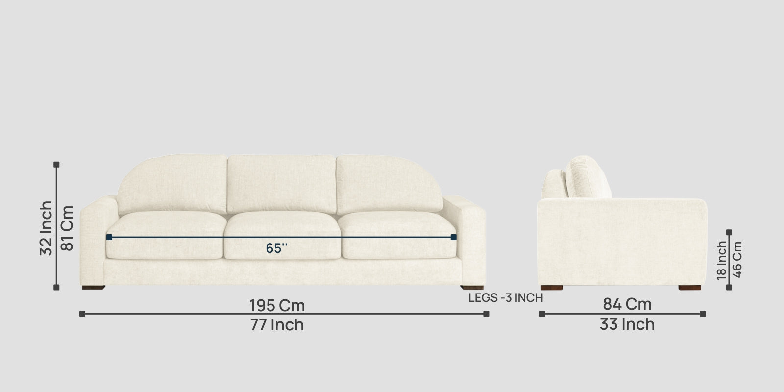 Dara Fabric 3 Seater Sofa In Ivory Cream Colour