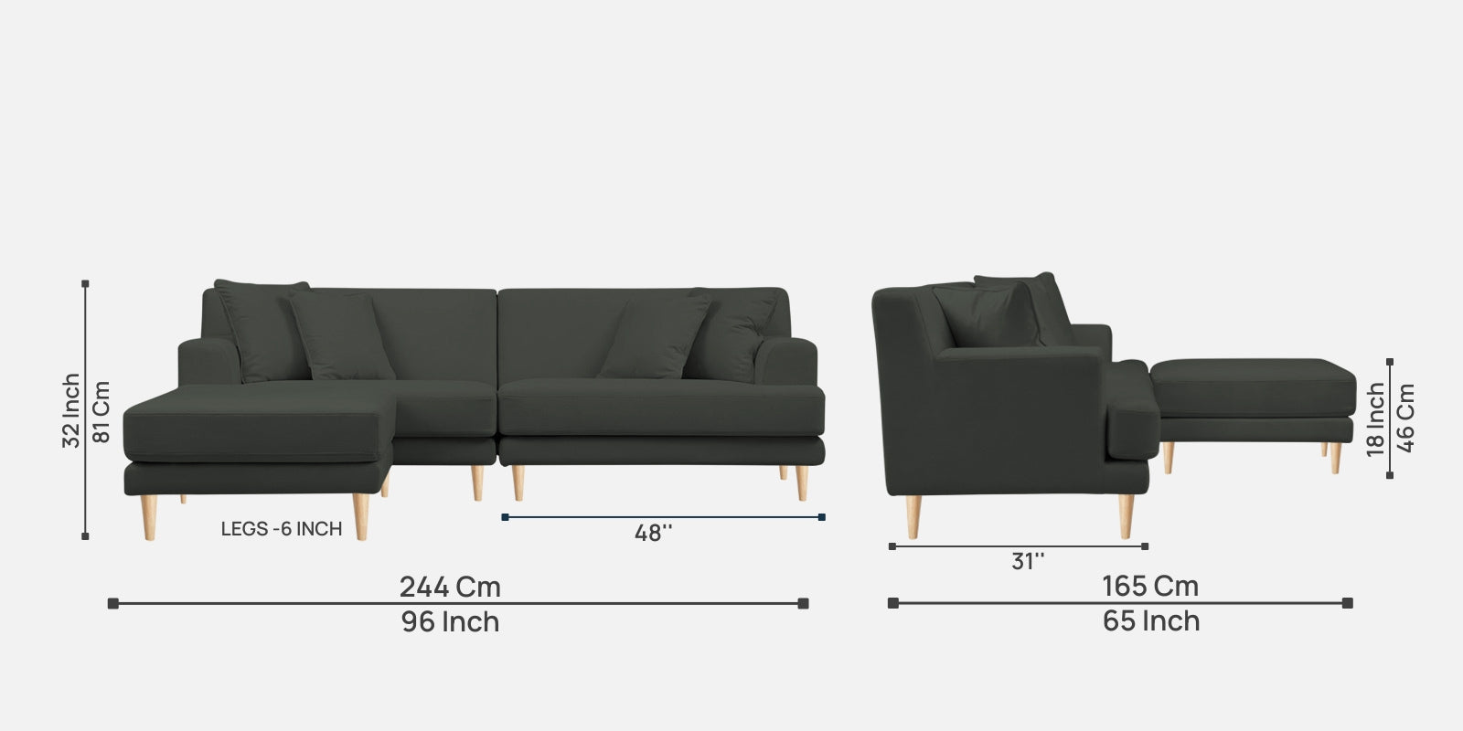 Woody Fabric RHS Sectional Sofa (3+Lounger) in I-Land Green Colour