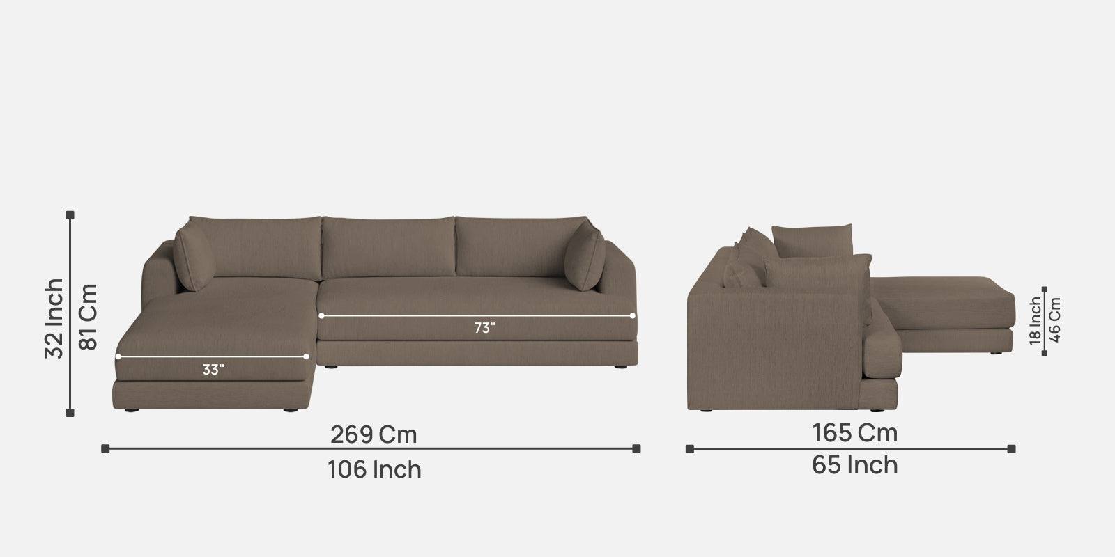 Ziggy Fabric RHS Sectional Sofa (3+Lounger) in Hazel Beige Colour