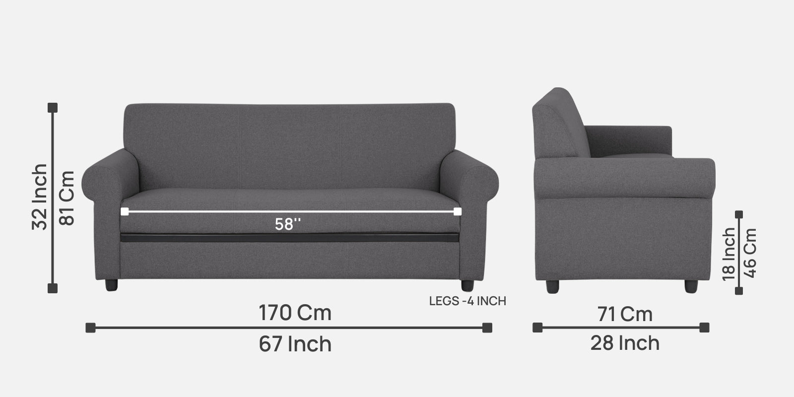 Ribby Fabric 3 Seater Sofa in Sudo Grey Colour