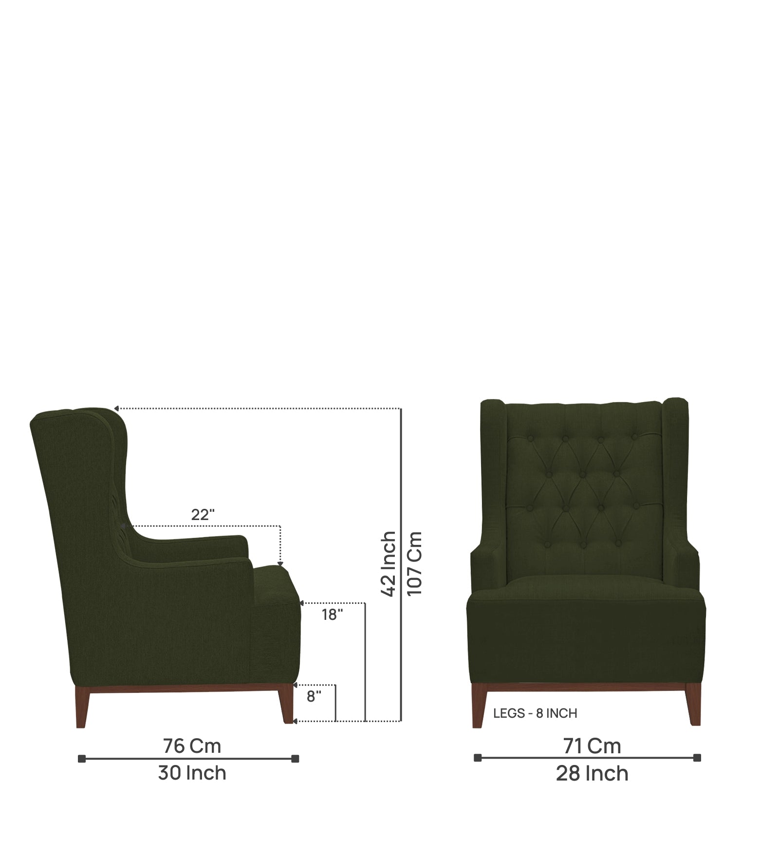 Kuchi Fabric 1 Seater Wing Chair Sofa in Olive Green Colour