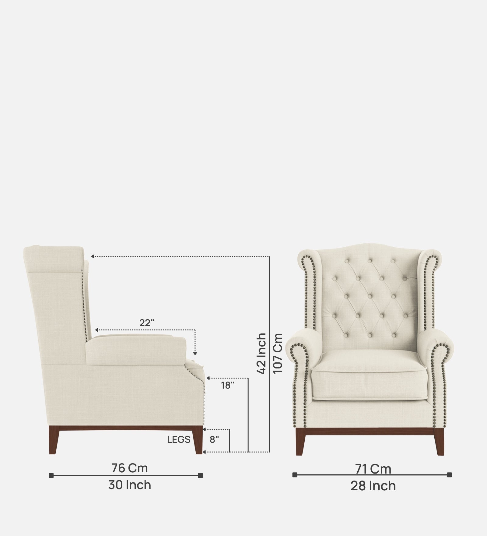 Nory Fabric 1 Seater Wing Chair in Ivory Cream Colour