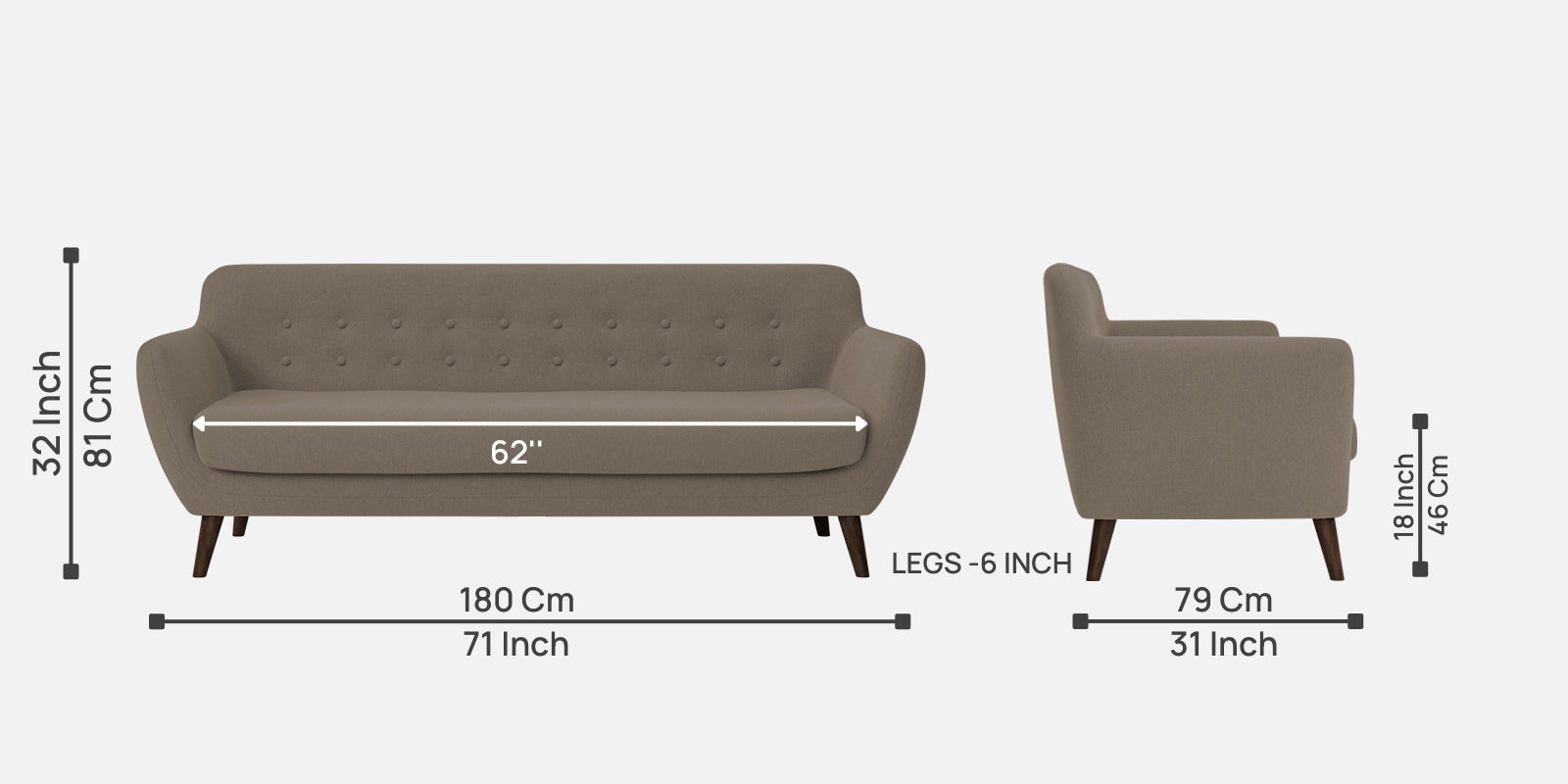 Goofy Fabric 3 Seater Sofa in Hazel Beige Colour