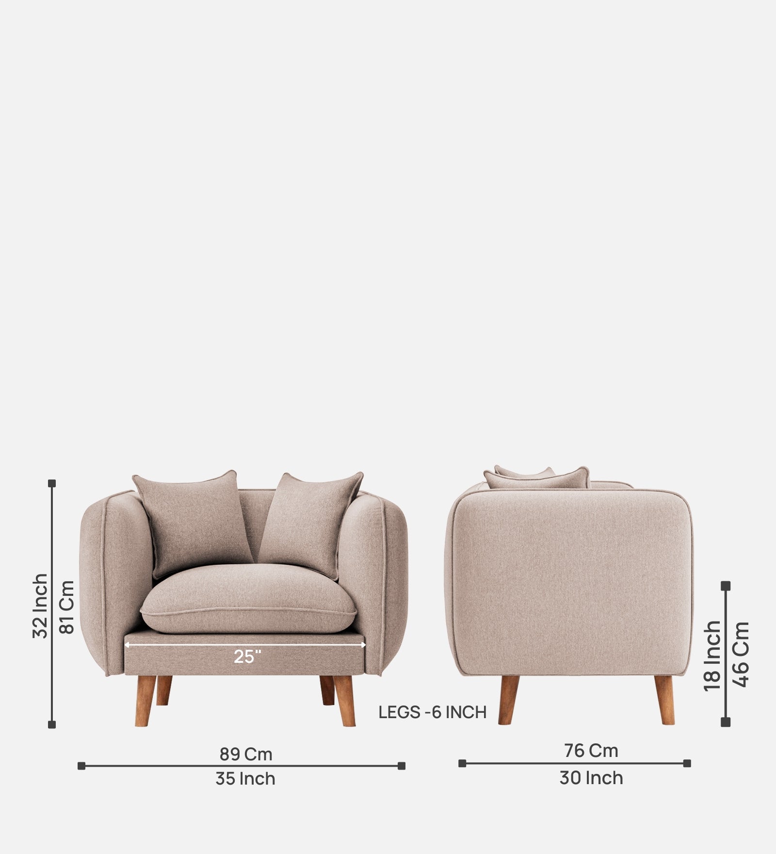 Reva Fabric 1 Seater Sofa In Mush Beige Colour