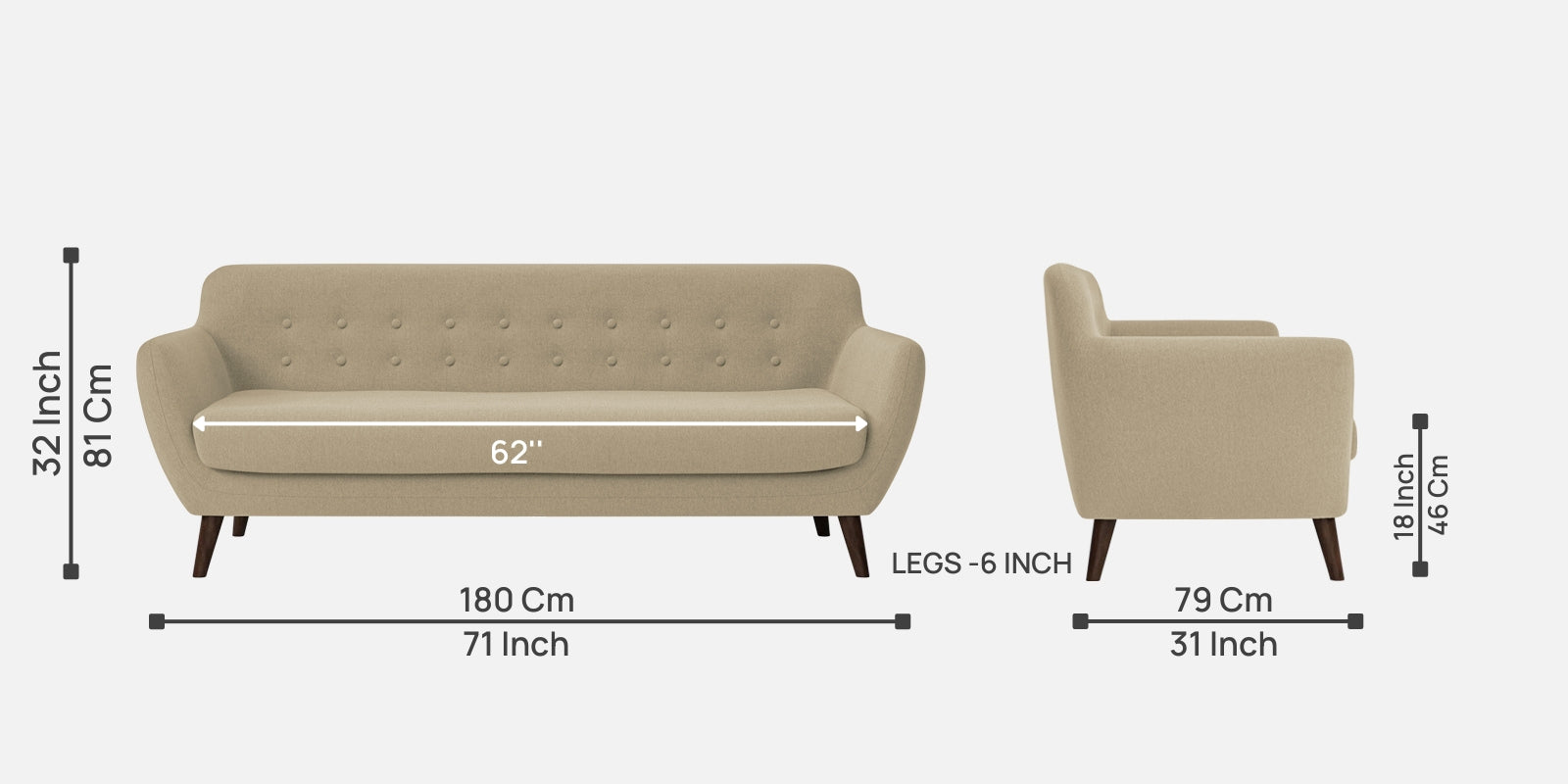 Goofy Fabric 3 Seater Sofa in Honey Beige Colour