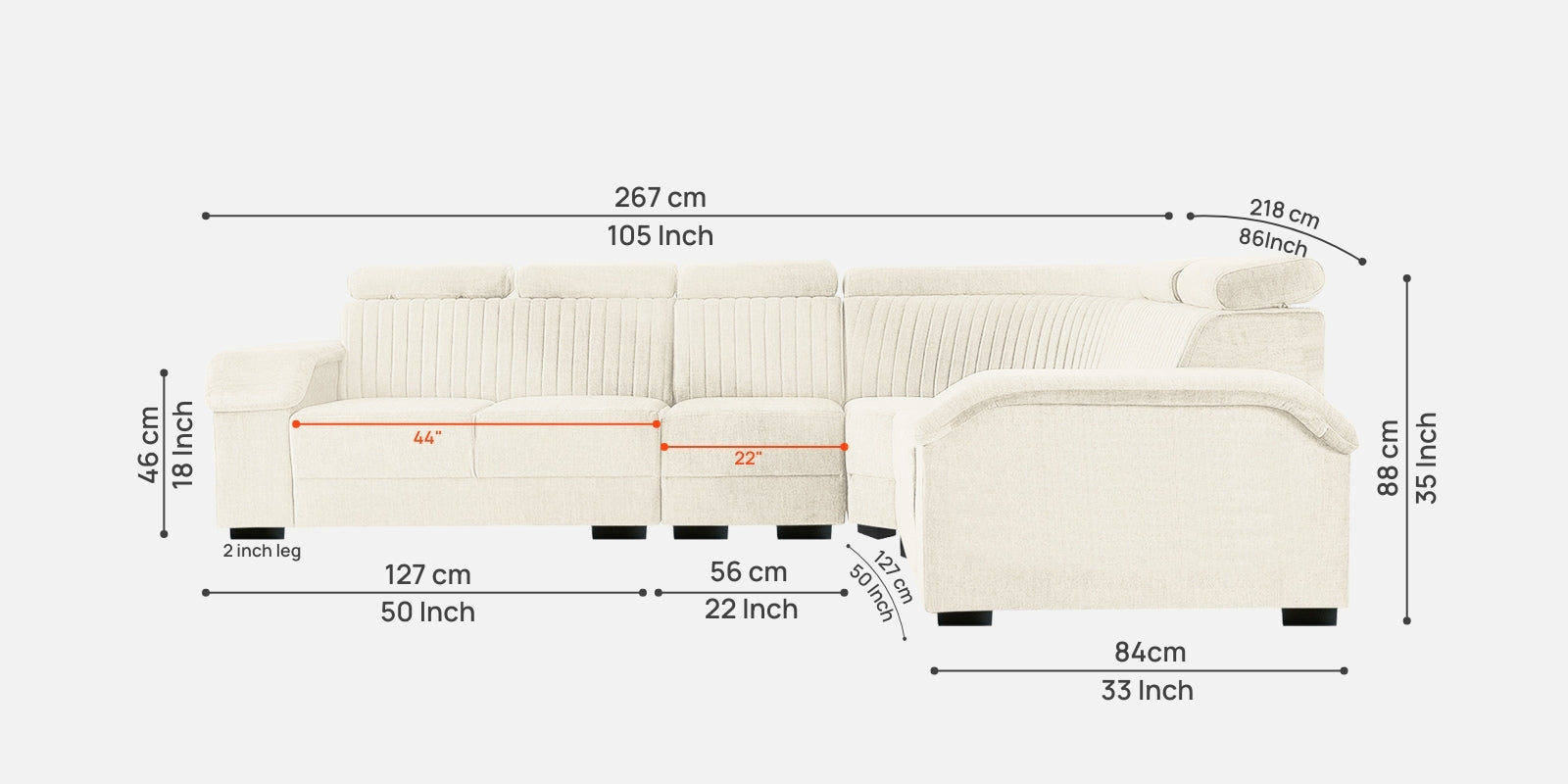 Draco Fabric 6 Seater Corner Sofa In Ivory Cream Colour - Febonic Living