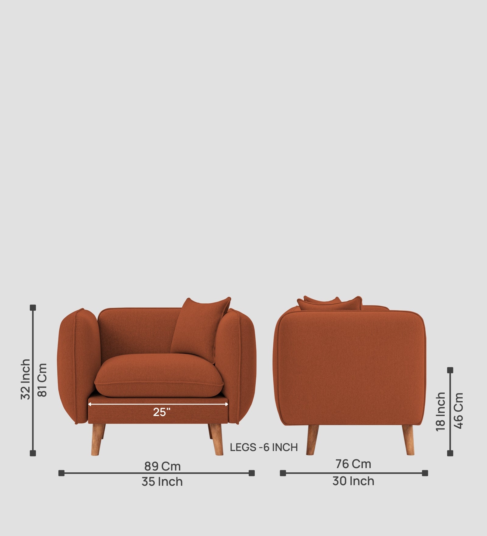 Reva Fabric 1 Seater Sofa In  Royal Orange Colour - Febonic Living