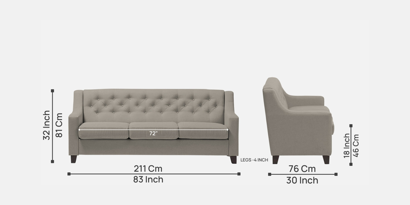 Baidy Fabric 3 Seater Sofa in Ash Grey Colour