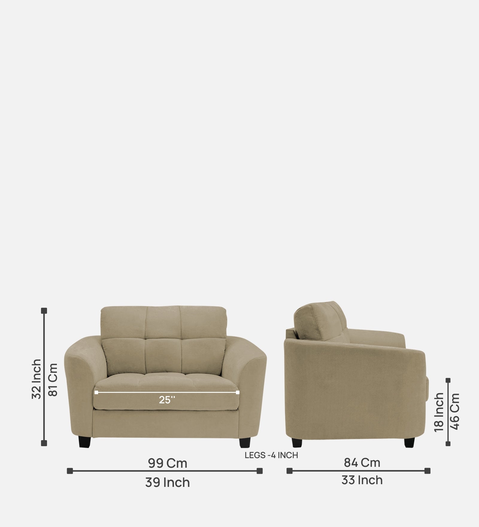 Mulan Fabric 1 Seater Sofa in Honey Beige Colour