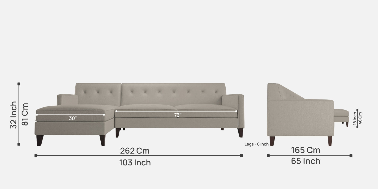 Miller Fabric RHS Sectional Sofa (3+Lounger) in Ash Grey Colour