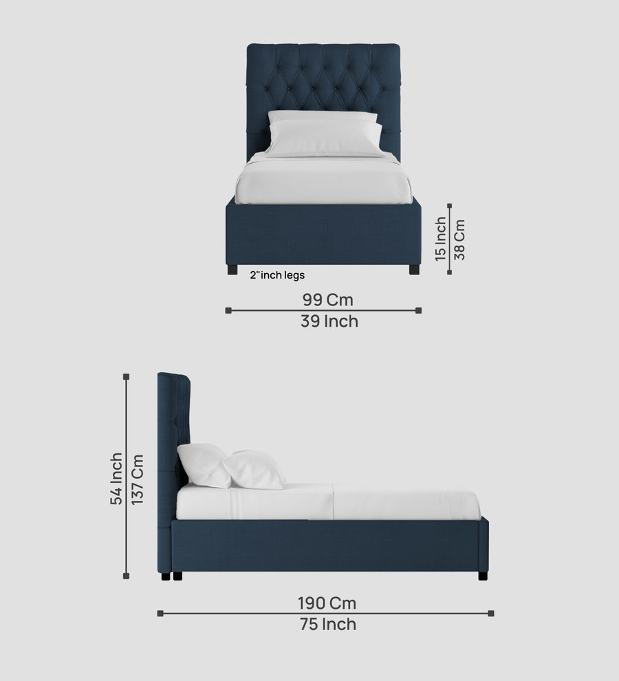 Isko Fabric Upholstered Single Size Bed In Light Blue Colour With Box Storage - Febonic Living