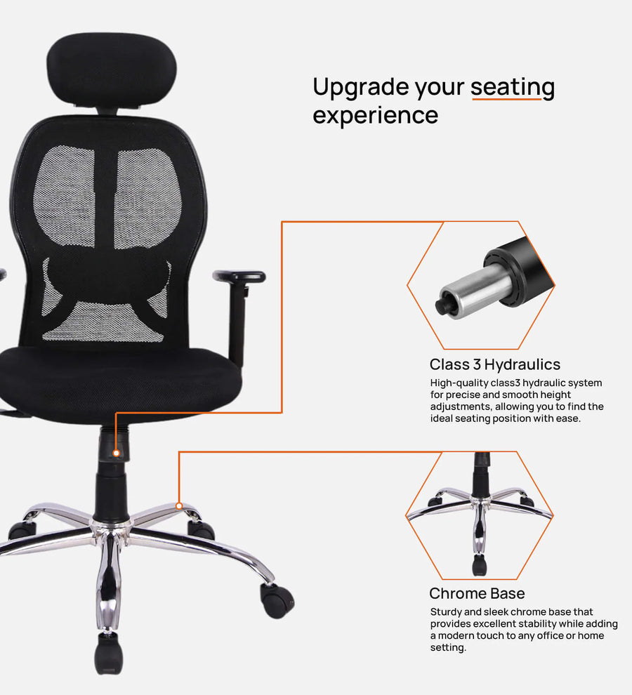 Foxy Breathable Mesh Ergonomic Chair With Adjustable Lumbar Support In Coco Black Colour - Febonic Living