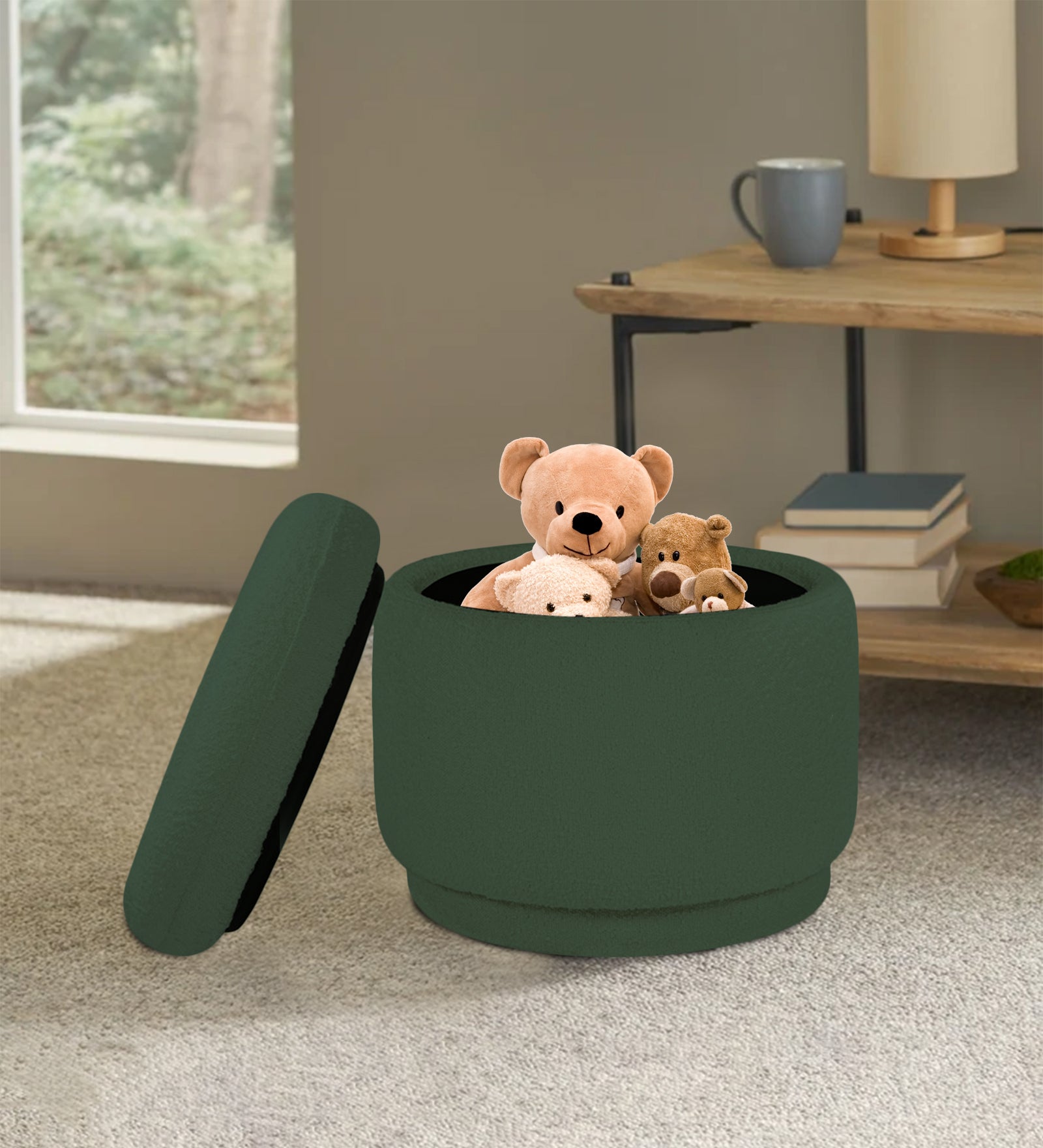 Noki Fur Fabric Storage Ottoman in Bottle Green Colour