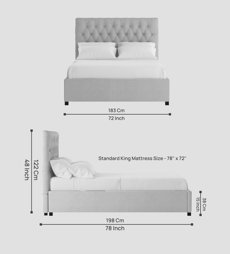 Isko Fabric Upholstered King Size Bed In Lit Grey Colour With Box Storage - Febonic Living