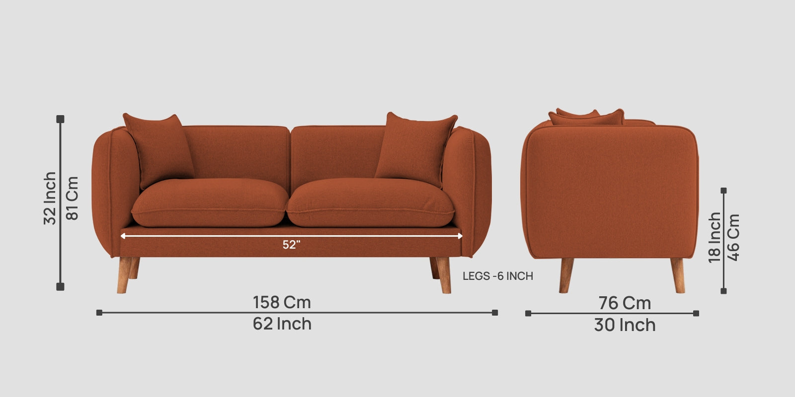 Reva Fabric 2 Seater Sofa In Royal Orange Colour - Febonic Living