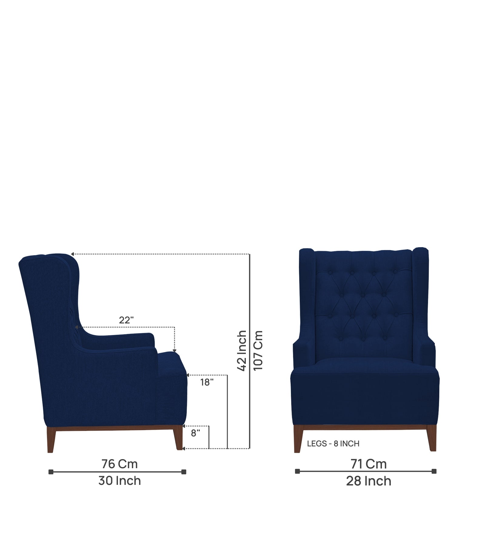 Kuchi Fabric 1 Seater Wing Chair Sofa in Royal Blue Colour