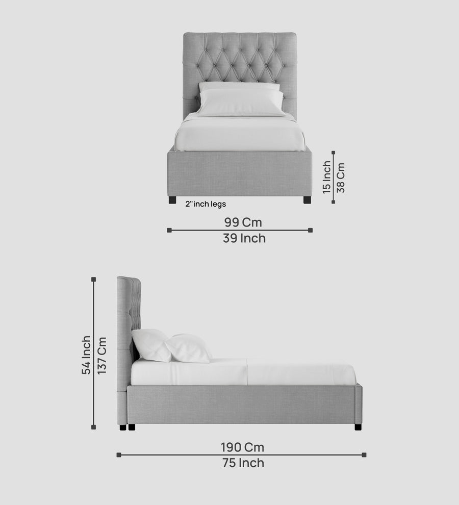 Isko Fabric Upholstered Single Size Bed In Lit Grey Colour With Box Storage - Febonic Living