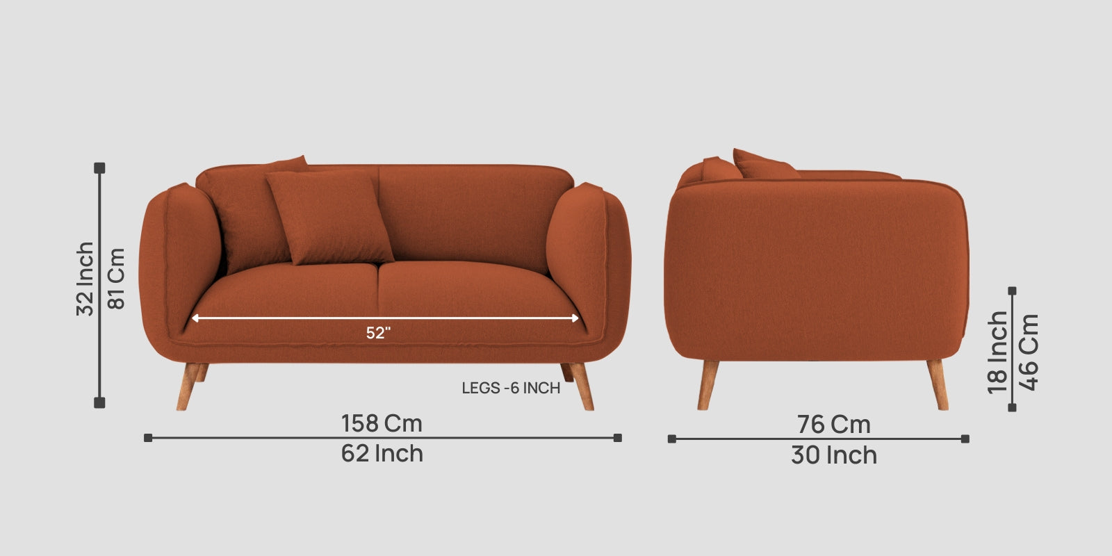 Zia Fabric 2 Seater Sofa In Royal Orange Colour