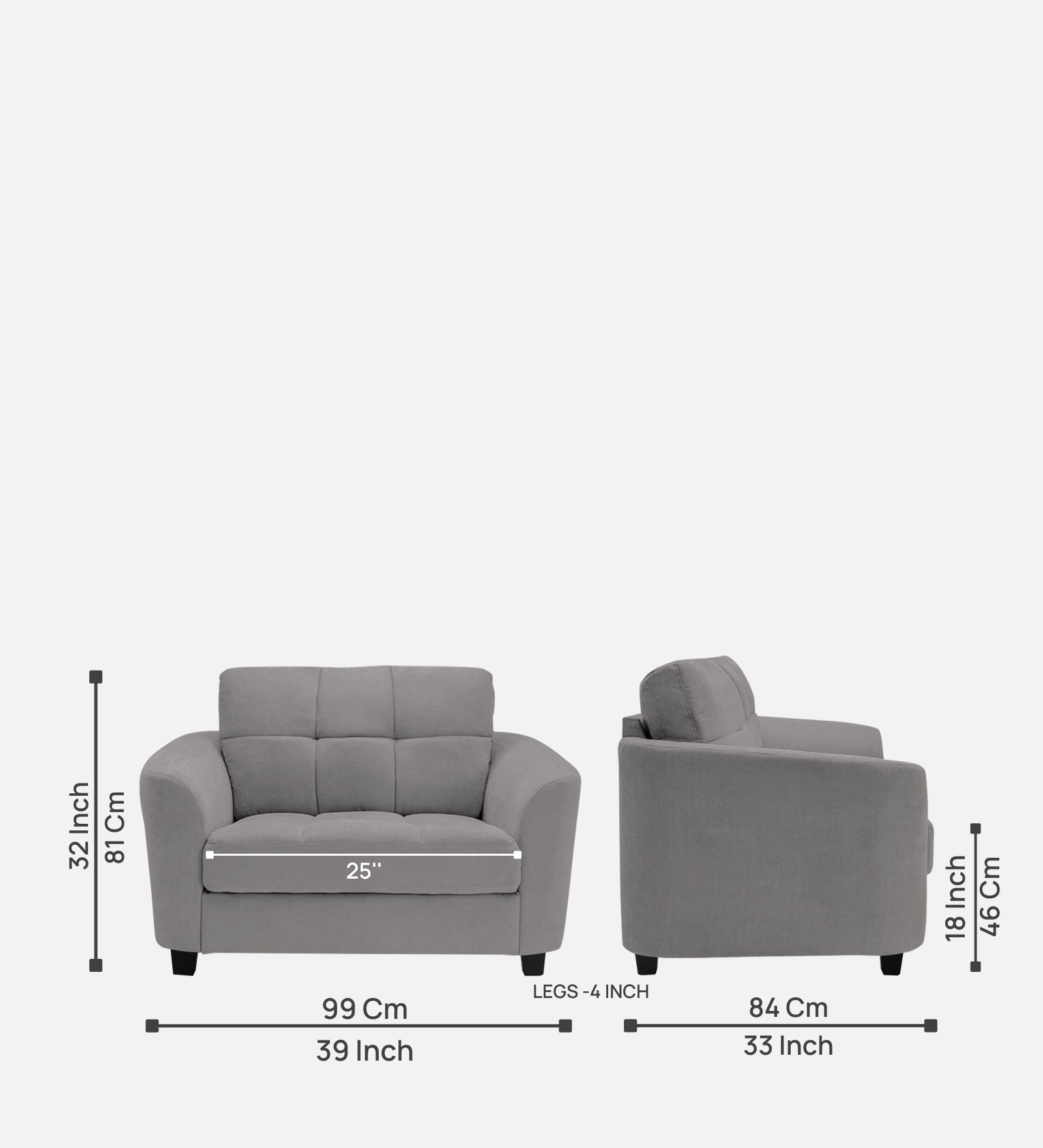 Mulan Fabric 1 Seater Sofa in Silver Grey Colour