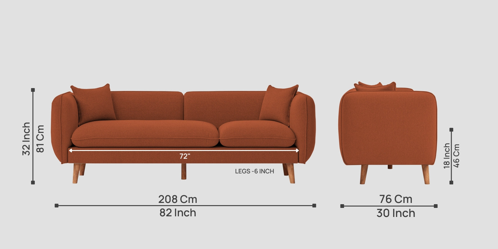 Reva Fabric 3 Seater Sofa In Royal Orange Colour - Febonic Living