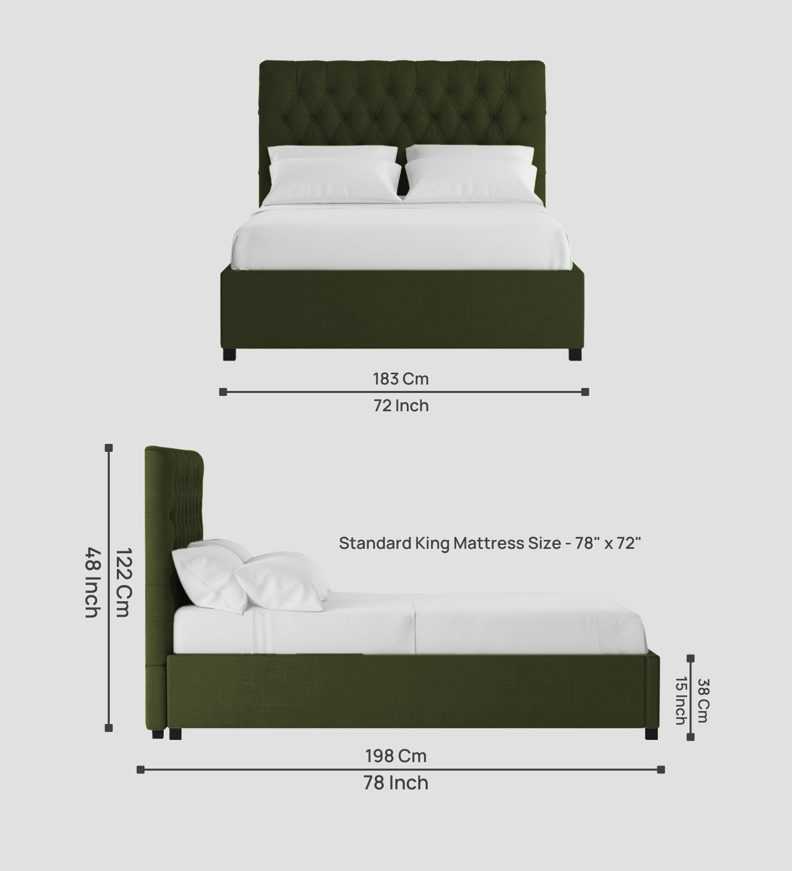 Isko Fabric King Size Bed In Olive Green Colour With Storage Box - Febonic Living