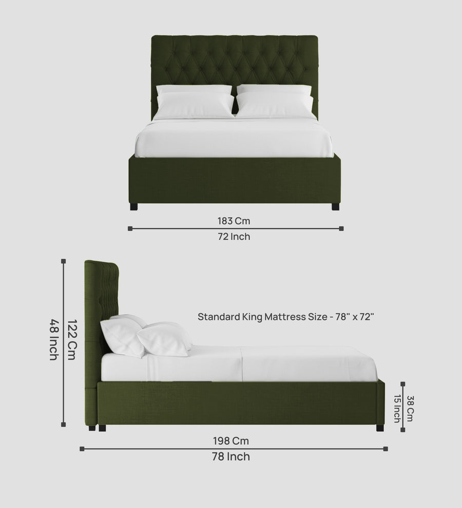 Isko Fabric Upholstered King Size Bed In Olive Green Colour With Box Storage - Febonic Living