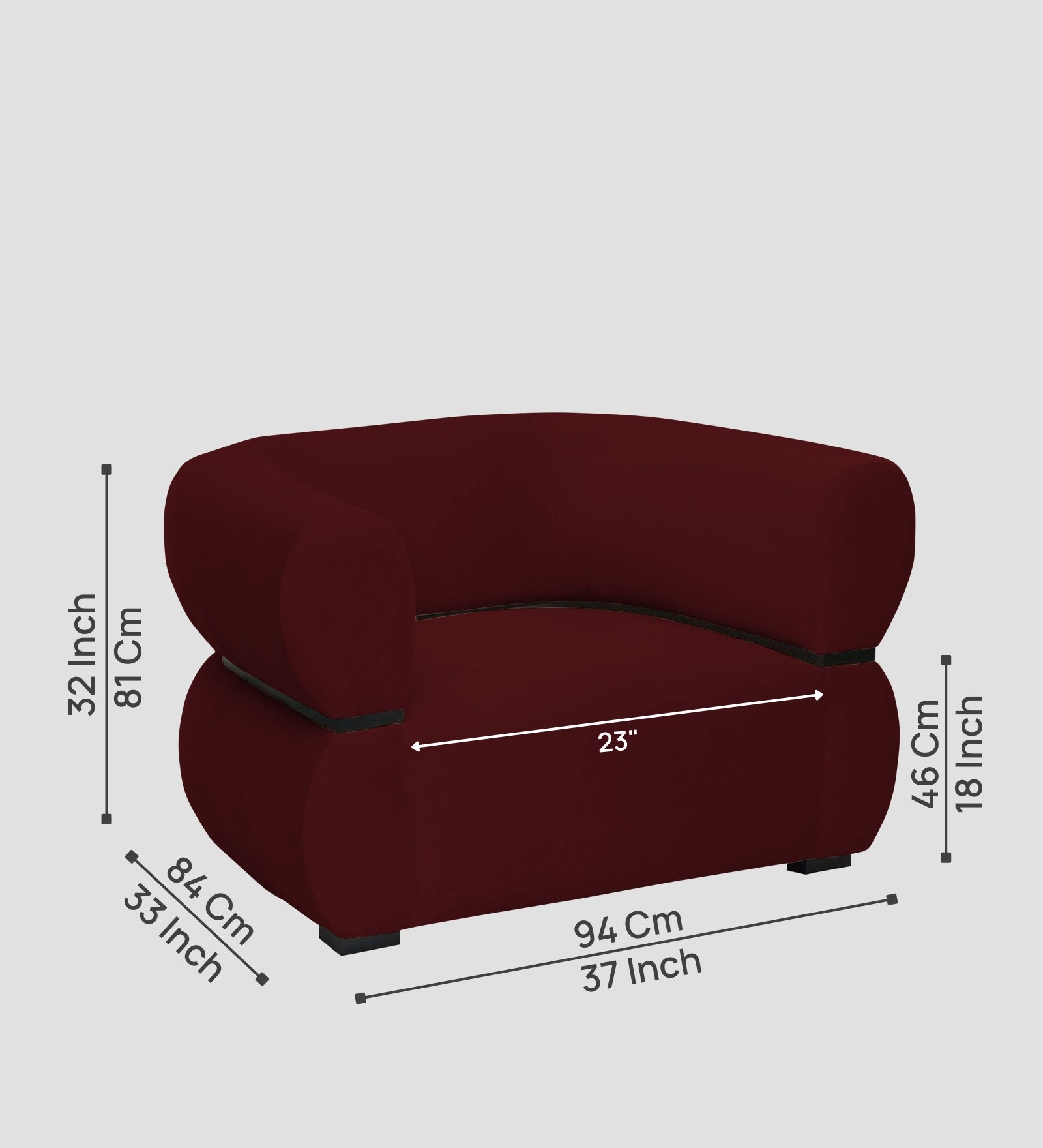 Kula Velvet 1 Seater Sofa In Blood Maroon Colour