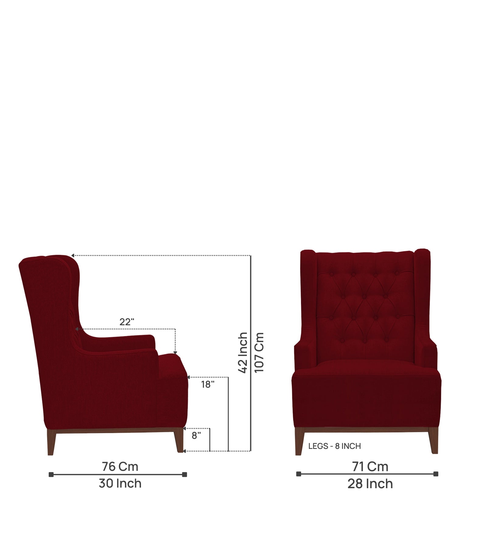 Kuchi Fabric 1 Seater Wing Chair Sofa in Ruby Red Colour