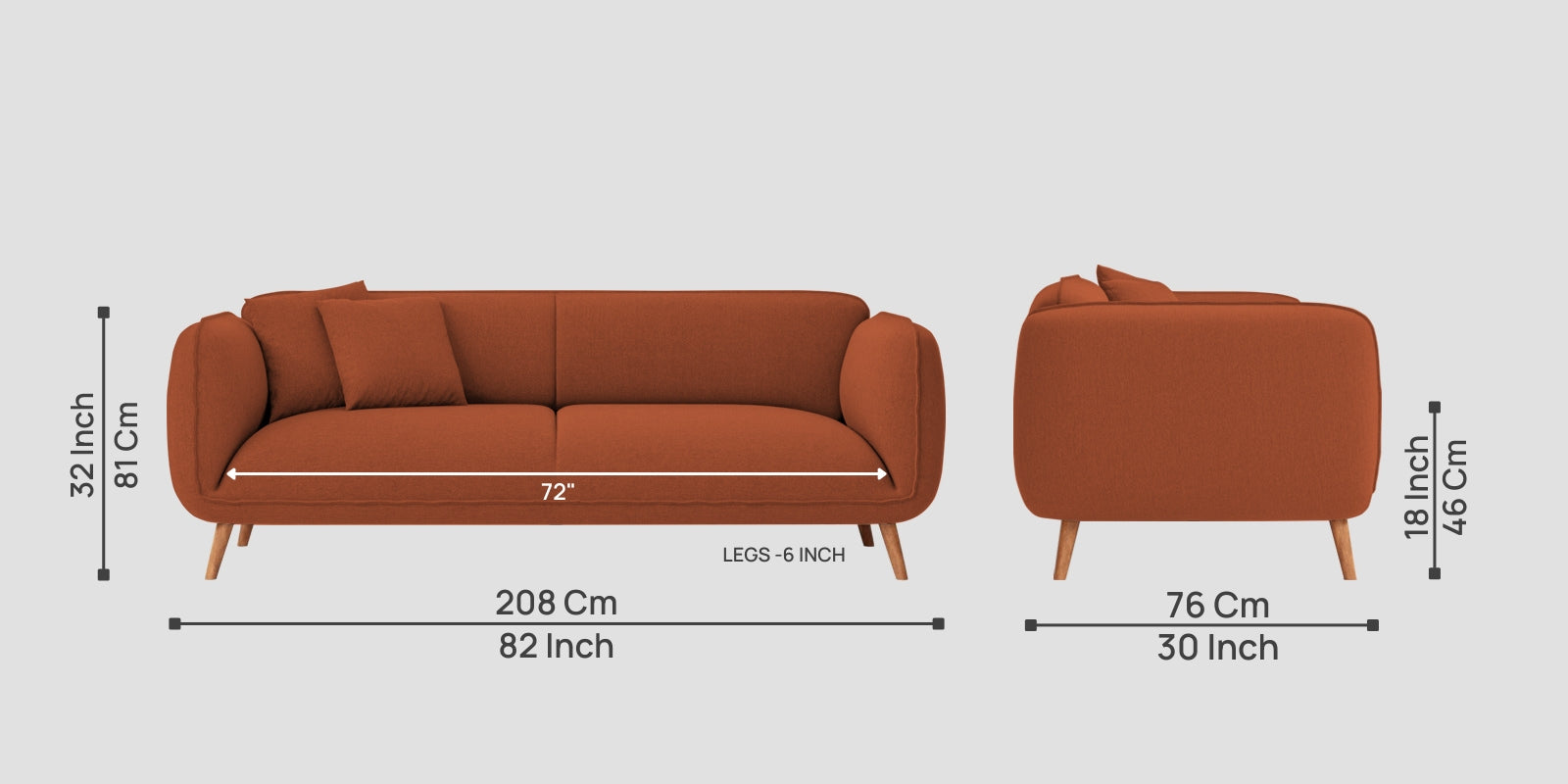 Zia Fabric 3 Seater Sofa In Royal Orange Colour