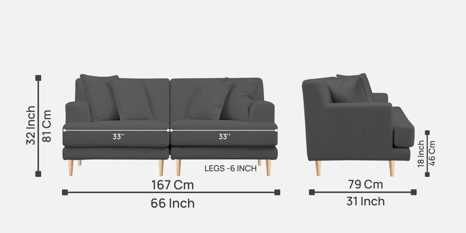 Woody Fabric 2 Seater Sofa in Pure Grey Colour