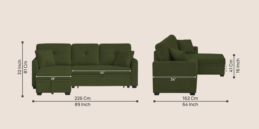 Jody Fabric 3 Seater Pull Out Sofa Cum Bed In Olive Green Colour With Storage - Febonic Living