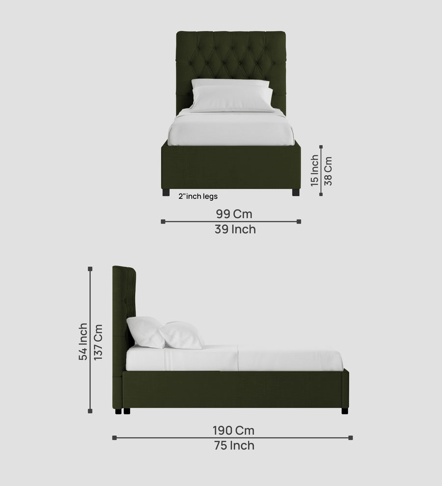 Isko Fabric Upholstered Single Size Bed In Olive Green Colour With Box Storage - Febonic Living