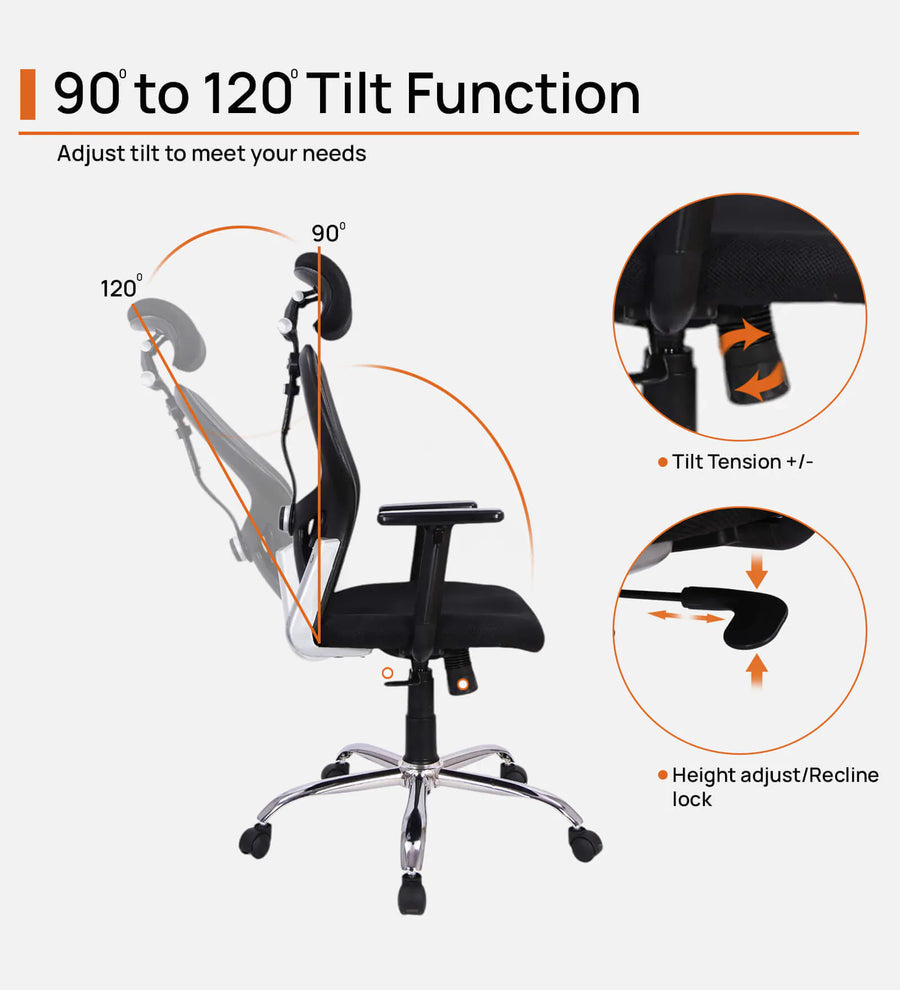 Foxy Breathable Mesh Ergonomic Chair With Adjustable Lumbar Support In Coco Black Colour - Febonic Living