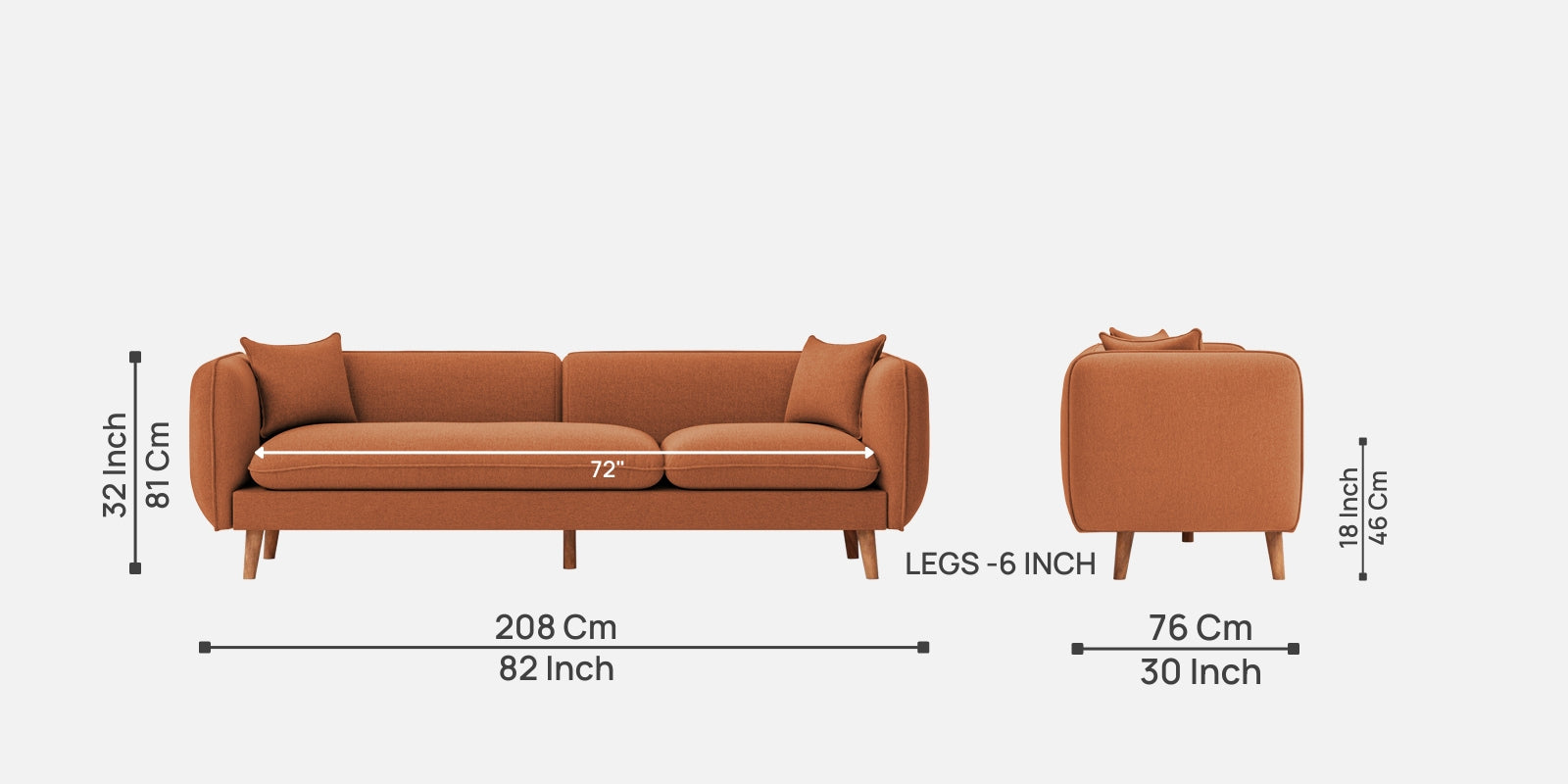 Reva Fabric 3 Seater Sofa In Safforn Orange Colour