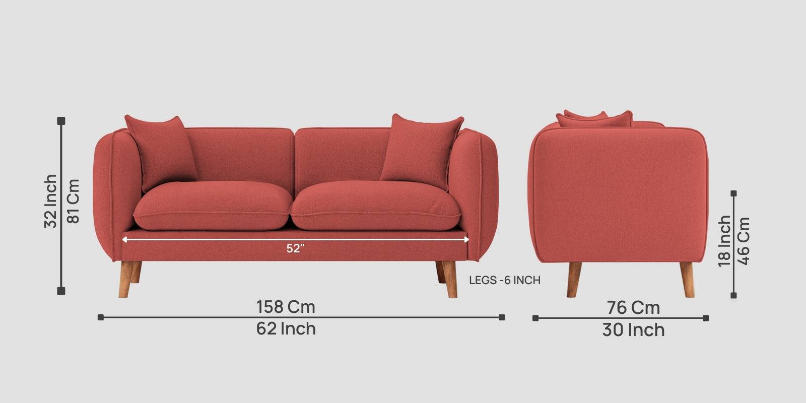 Reva Fabric 2 Seater Sofa In Salmon Pink Colour - Febonic Living