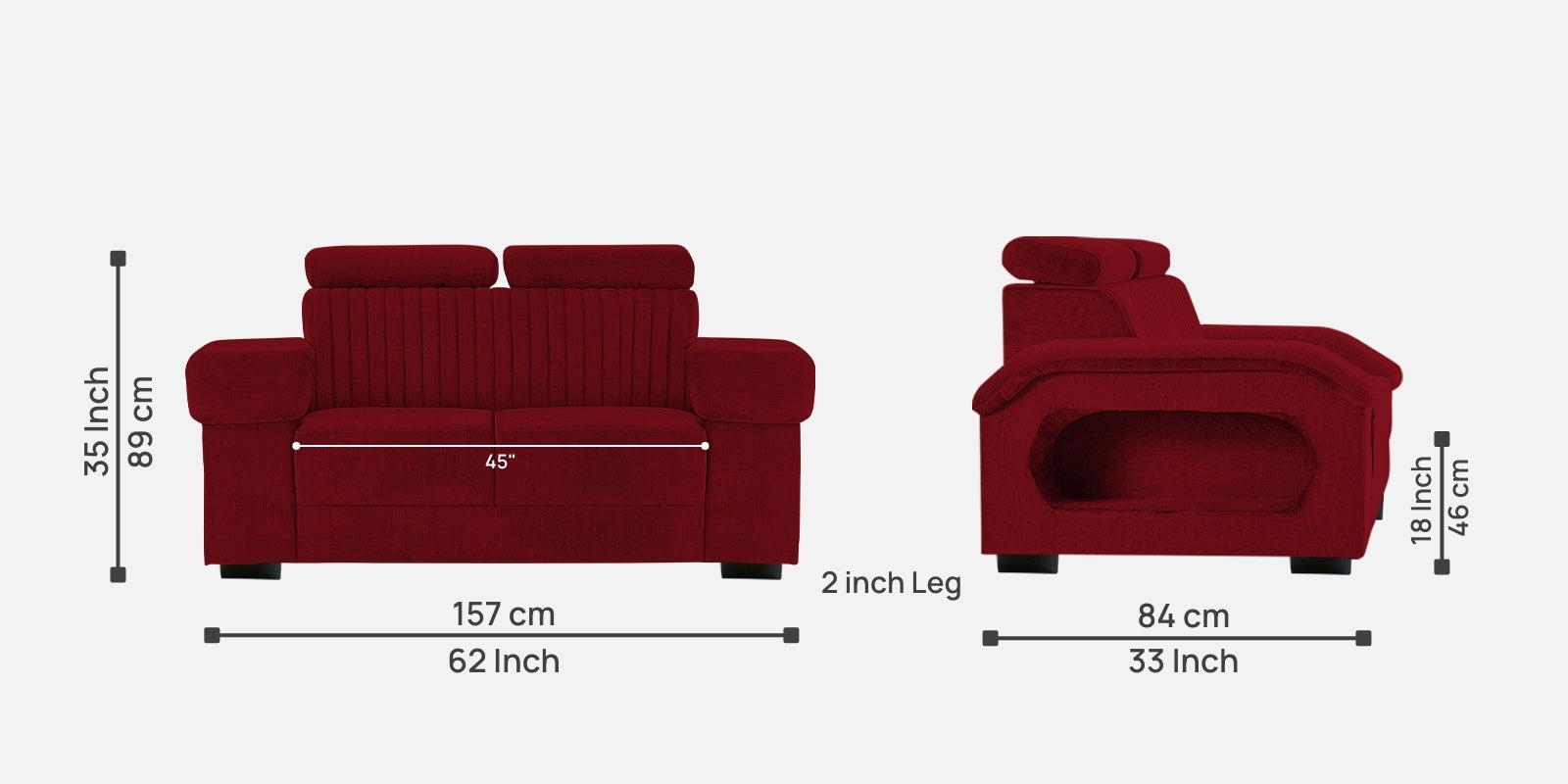 Draco Fabric 2 Seater Sofa In Ruby Red Colour