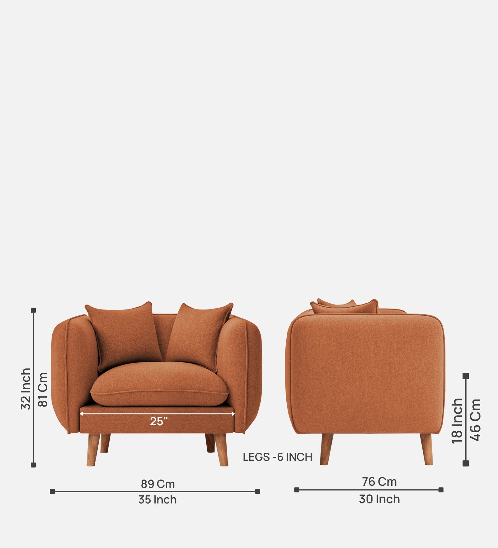 Reva Fabric 1 Seater Sofa In Safforn Orange Colour