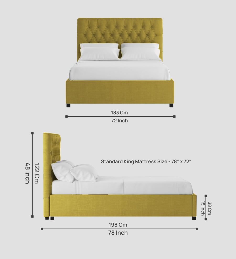 Isko Fabric Upholstered King Size Bed In Parrot Green Colour With Box Storage - Febonic Living