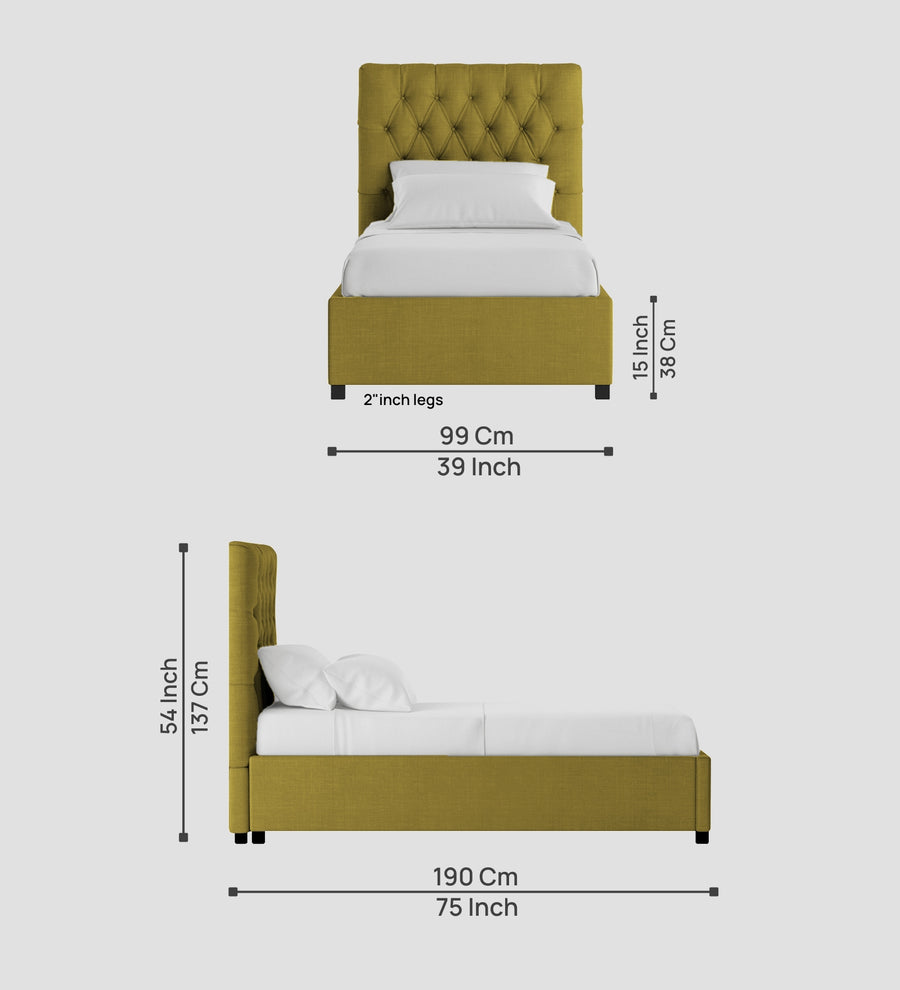Isko Fabric Upholstered Single Size Bed In Parrot Green Colour With Box Storage - Febonic Living