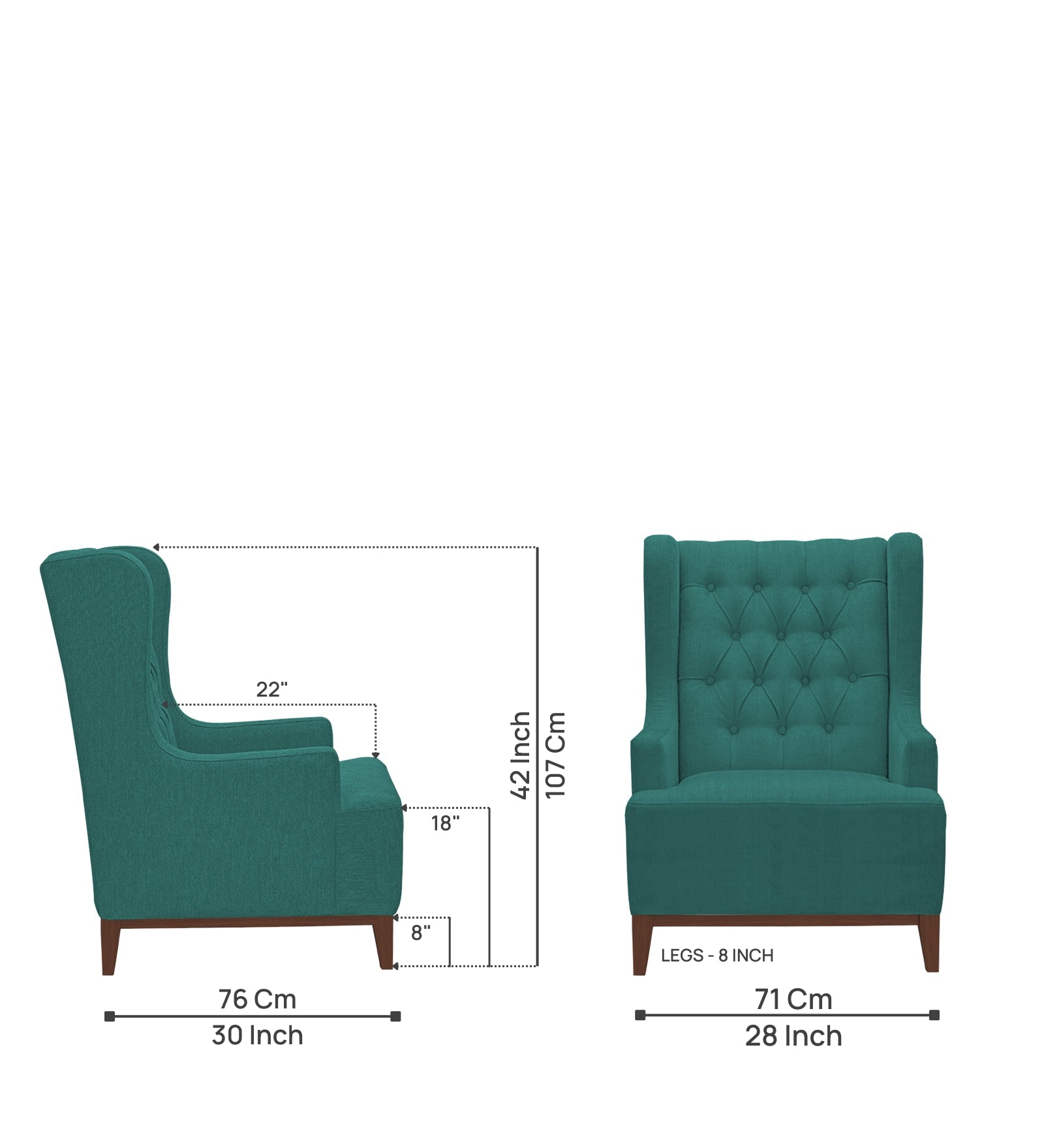 Kuchi Fabric 1 Seater Wing Chair Sofa in Sea Green Colour