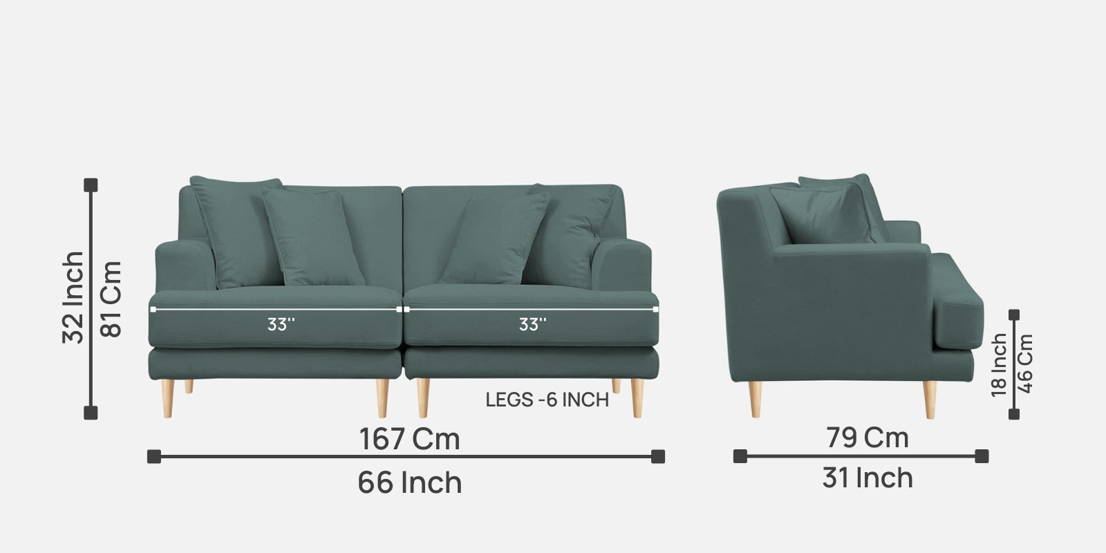 Woody Fabric 2 Seater Sofa in Pista Green Colour